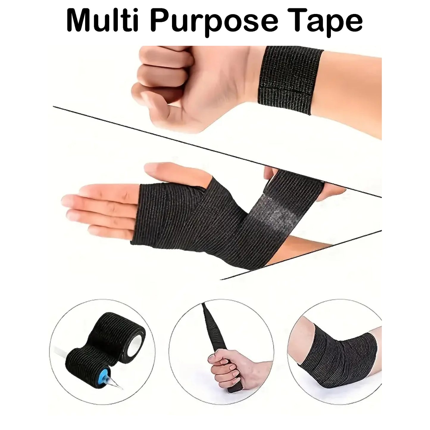 6 Pack - GK01 Elastic Self-adhesive Sports Tape - 5cm x 4.5m (Black)- Finger, Ankle, Wrist & Knee Support Tape