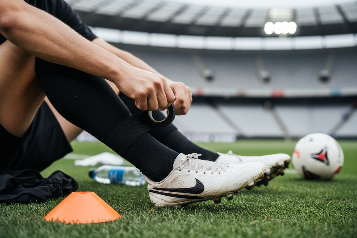 a footballer Appling black sock tape the his lower sock